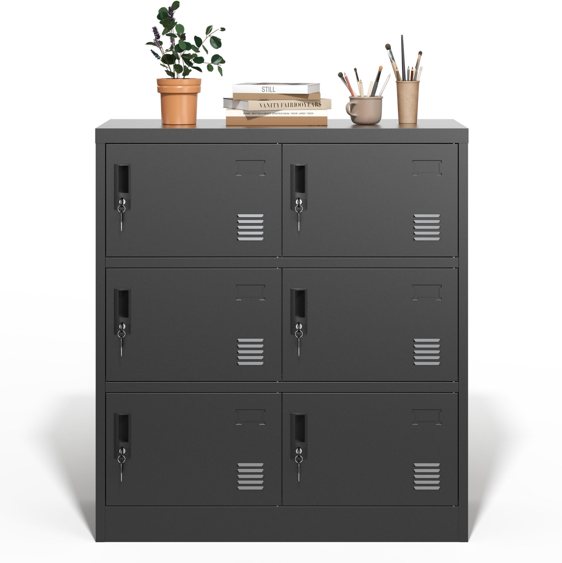 KOMMODE, 6-türiger Metallschrank mit Einzelschlössern und Kartenfächern, 90x40x100 cm, Schwarz - Schwarz, Metall (40/100/90cm) - Modfu