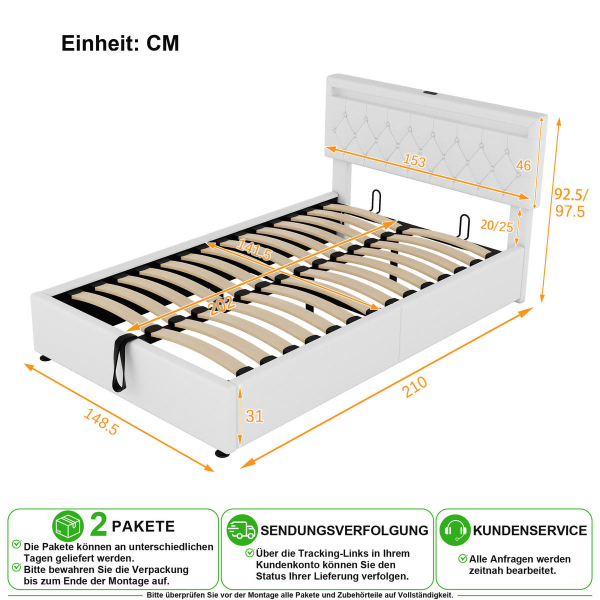 POLSTERBETT 140/200 cm in Weiß mit Bettkasten, LED und USB/Type-C Leinen - Weiß, Holzwerkstoff/Textil (140/200cm) - CHICFURN