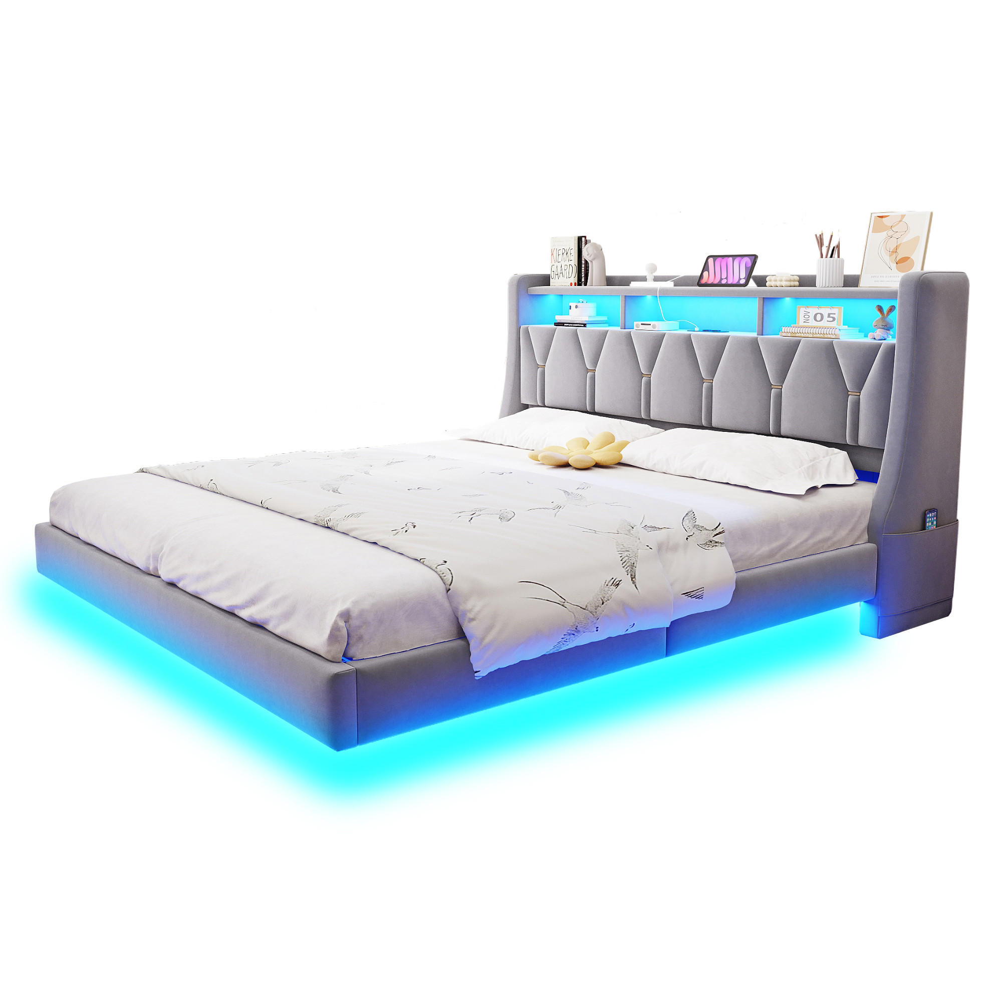 POLSTERBETT 180/200 cm mit LED, USB-/Typ-C-Anschluss, Stauraum-Kopfteil und Samtbezug, Hellgrau - Grau, Textil (180/200cm) - Redom