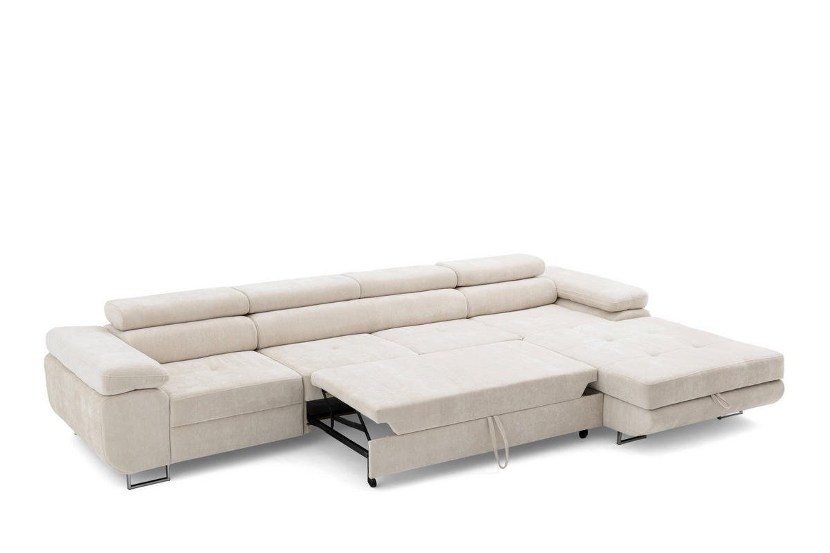 ECKSOFA ALONZO MAXI Rechts mit Schlaffunktion 125x195 Chenille Beige - Chromfarben/Beige, Holz/Textil (350/203cm) - Muffo