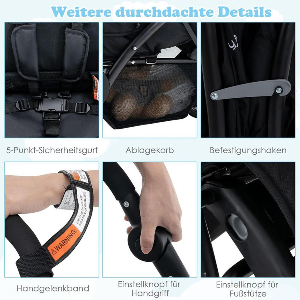 GESCHWISTERWAGEN klappbar schwarz - Schwarz, Metall (57/123/95cm) - COSTWAY