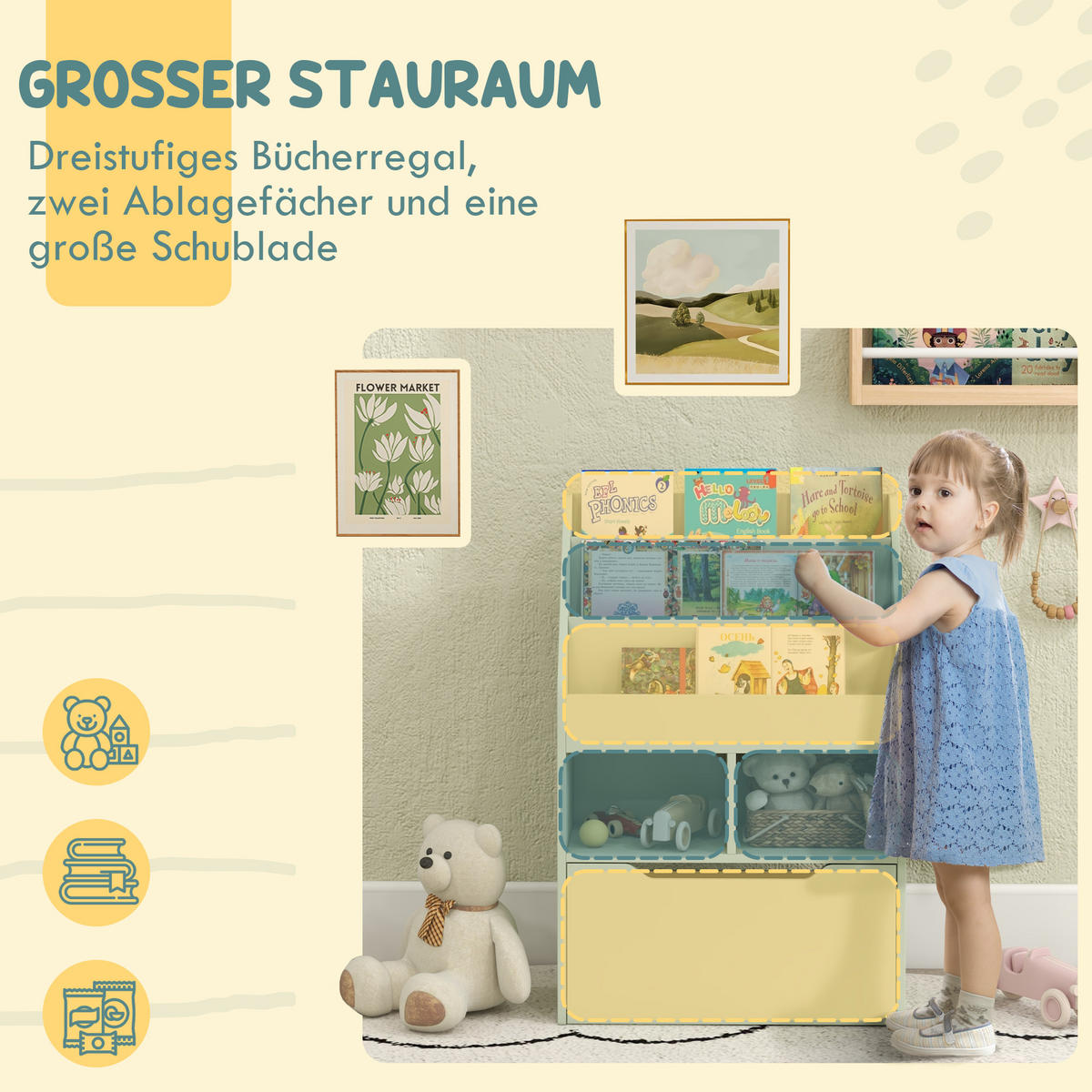 KINDERBÜCHERREGAL - Grün, Holzwerkstoff (29.9/90/60cm) - HOMCOM