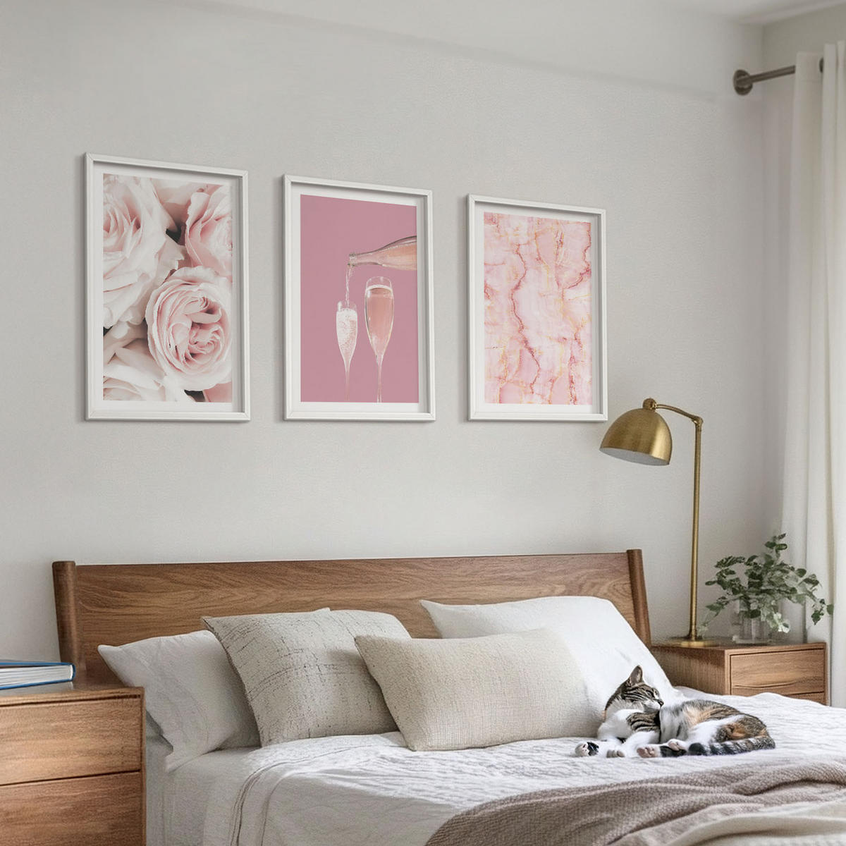 WANDBILDER 3er-Set - 40x60 cm Weißer Rahmen - Champagnerfarbene Rosen, Marmorhintergrund - Weiß, Kunststoff (40/60cm) - ArtPrintCave