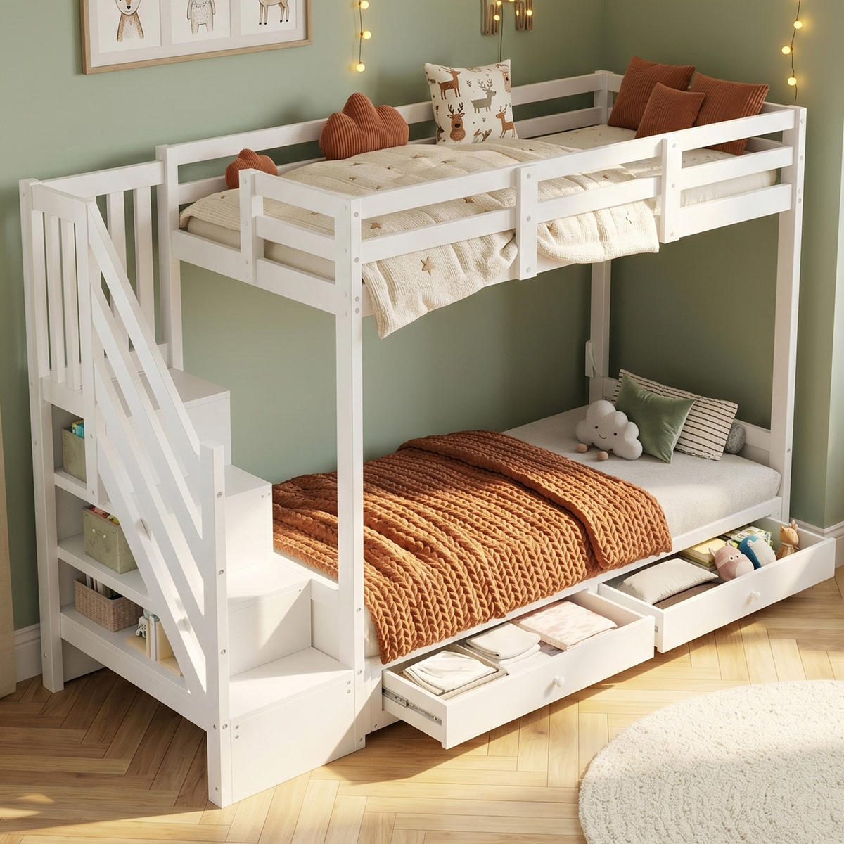 ETAGENBETT 90/200 cm mit Sofa, Treppenschrank und 2 Schubladen, Weiß - Weiß, Holzwerkstoff (90/200cm) - Redom