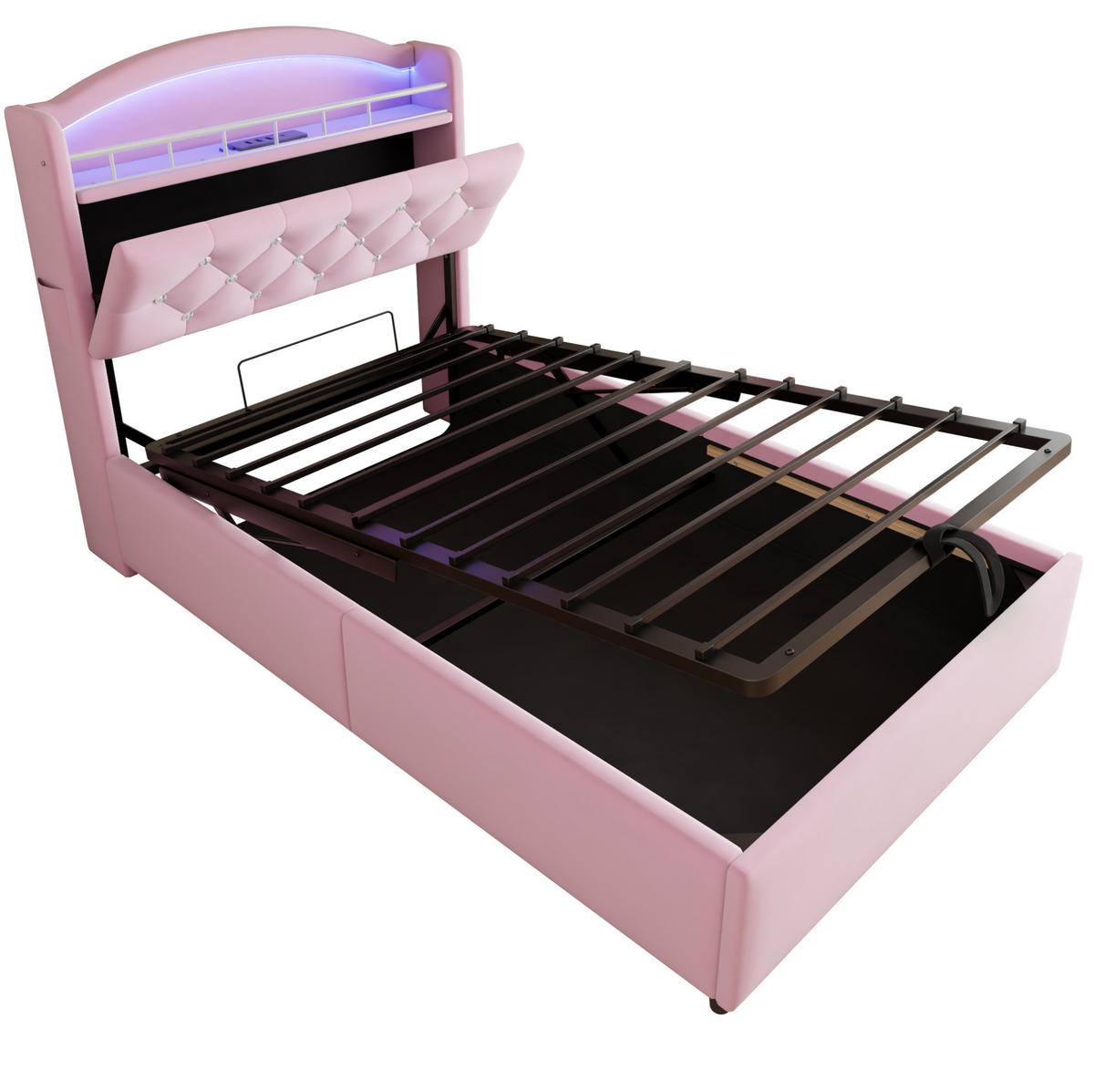 KINDERBETT mit Stauraum 90x200 cm Samt Rosa mit LED und USB - Pink, Metall (90/200cm) - Meubliv