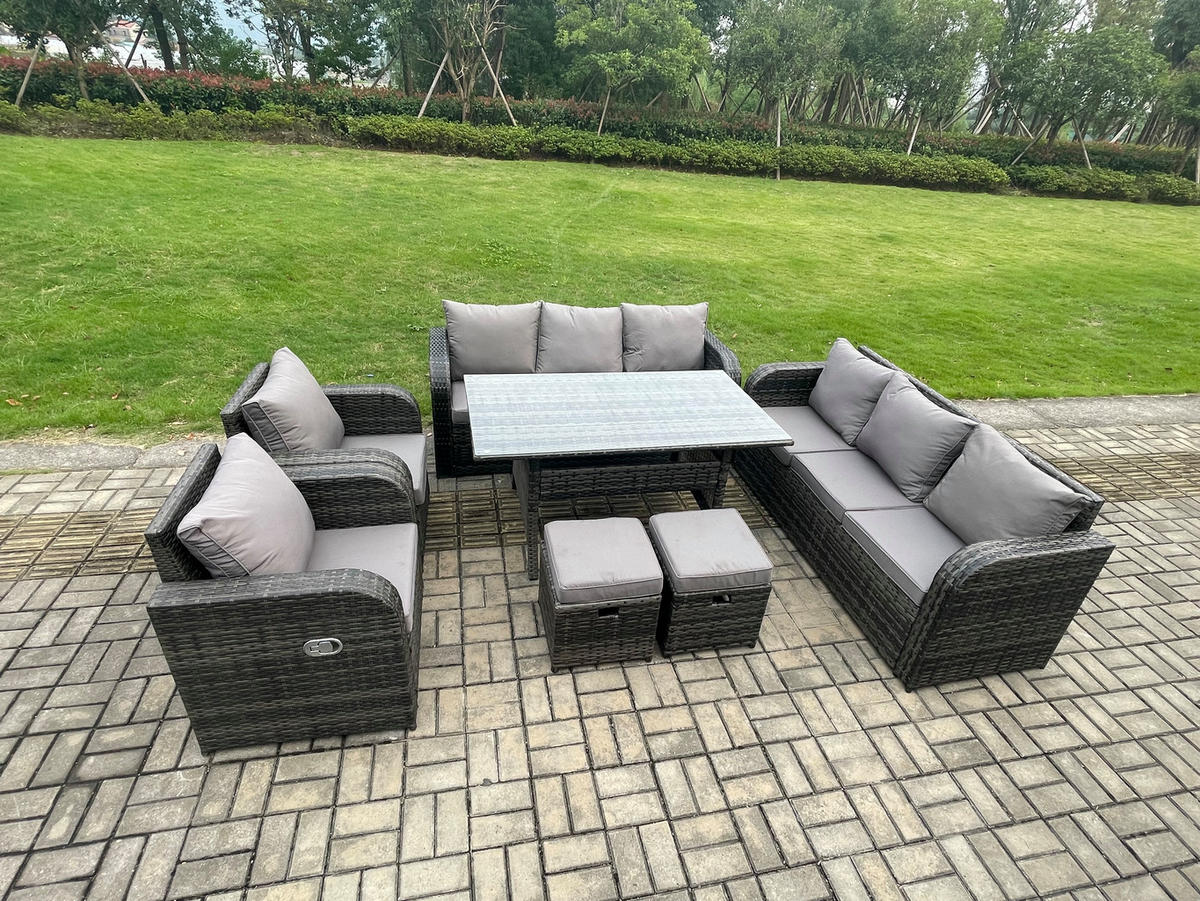 GARTENGARNITUR mit Liegestuhl,3-Sitzer Sofa,Zweisitzer Polyrattan Dunkelgrau 10-Sitzer - Dunkelgrau/Grau, Glas/Kunststoff - Fimous