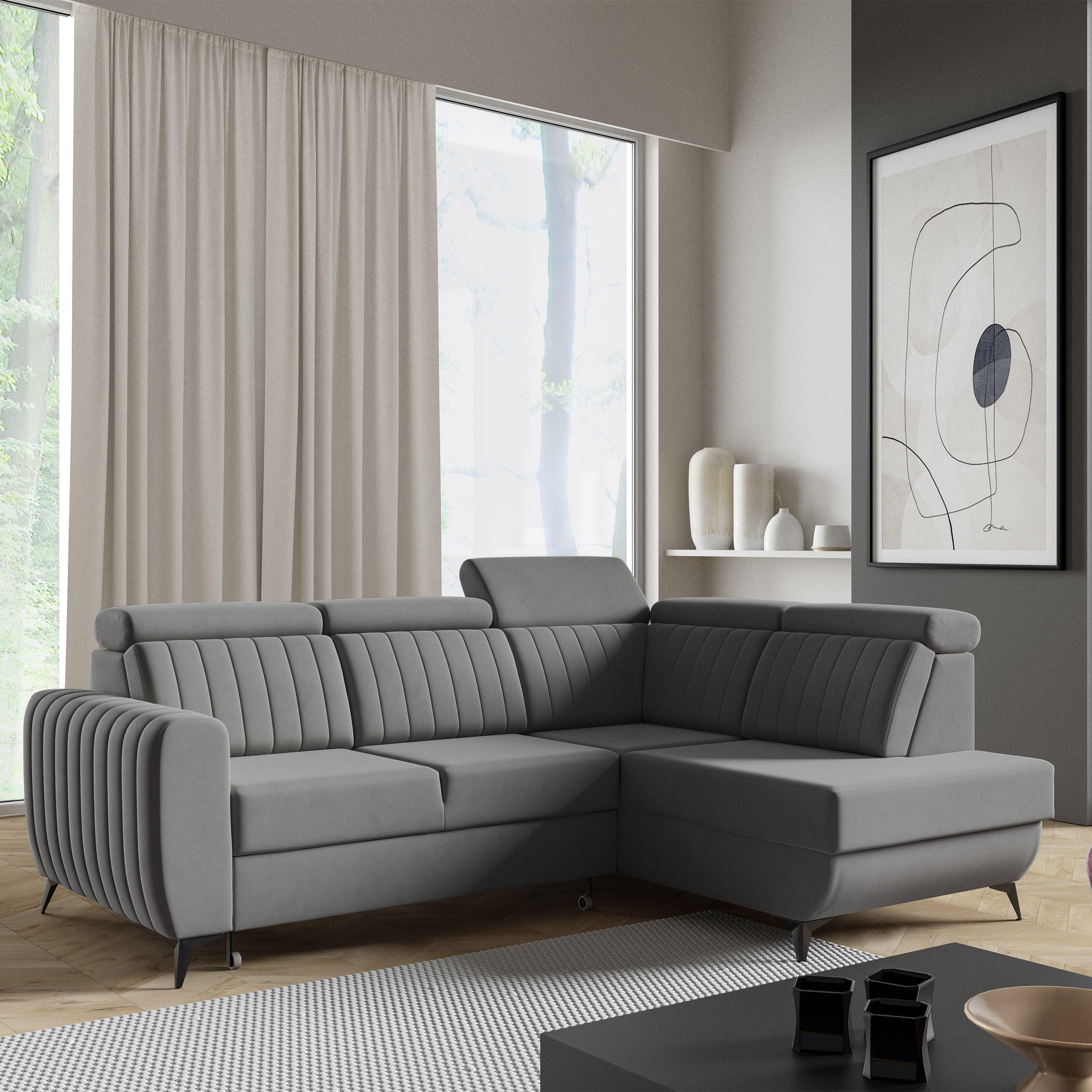 ECKSCHLAFSOFA Connor II verstellbare Kopfstützen, Dunkelgrau, rechts - Dunkelgrau/Schwarz, Textil (268/204cm) - Beautysofa