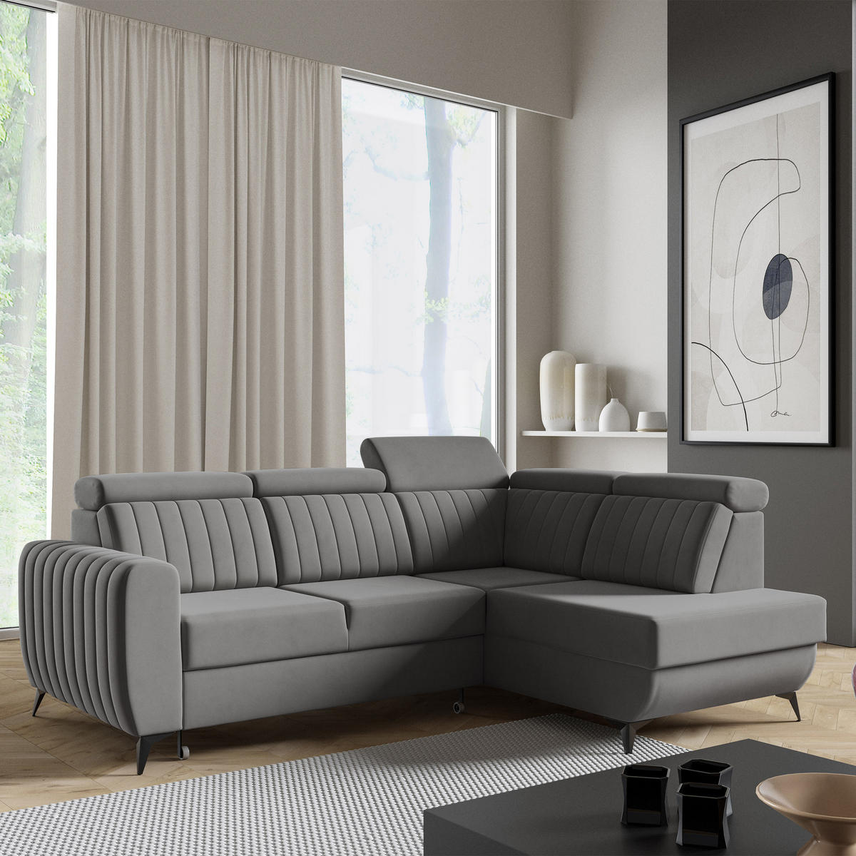 ECKSCHLAFSOFA Connor II verstellbare Kopfstützen, Dunkelgrau, rechts - Dunkelgrau/Schwarz, Textil (268/204cm) - Beautysofa