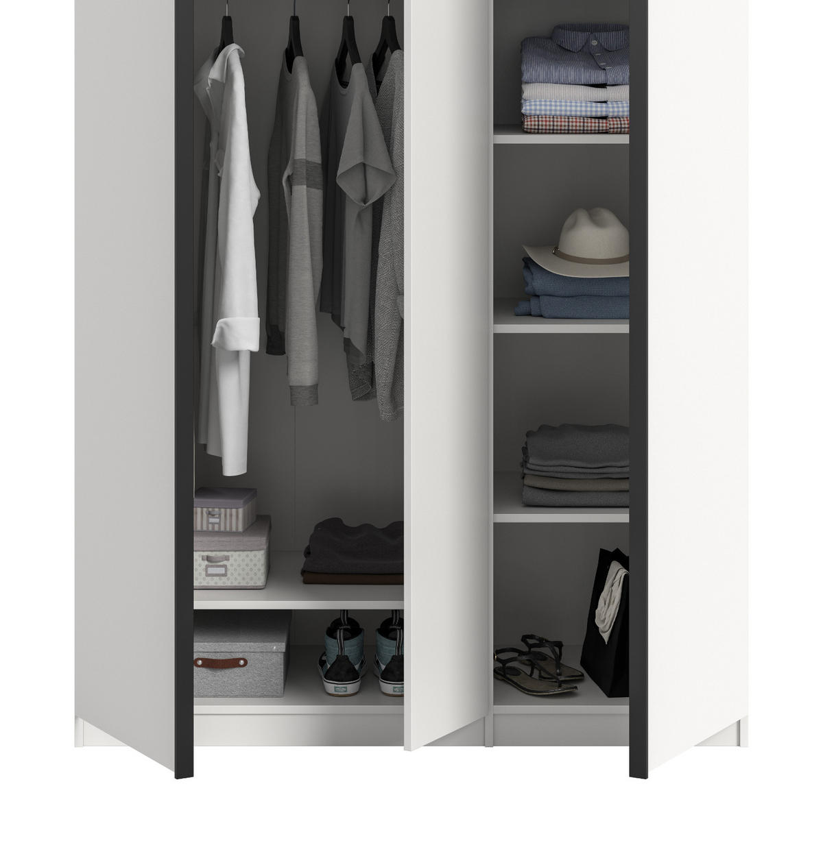 KLEIDERSCHRANK weiß 3-türig 130 x 183 cm, Drehtürenschrank inklusive Kleiderstangen - Schwarz/Weiß, Holzwerkstoff/Kunststoff (130/183/53cm) - Inn.Furn