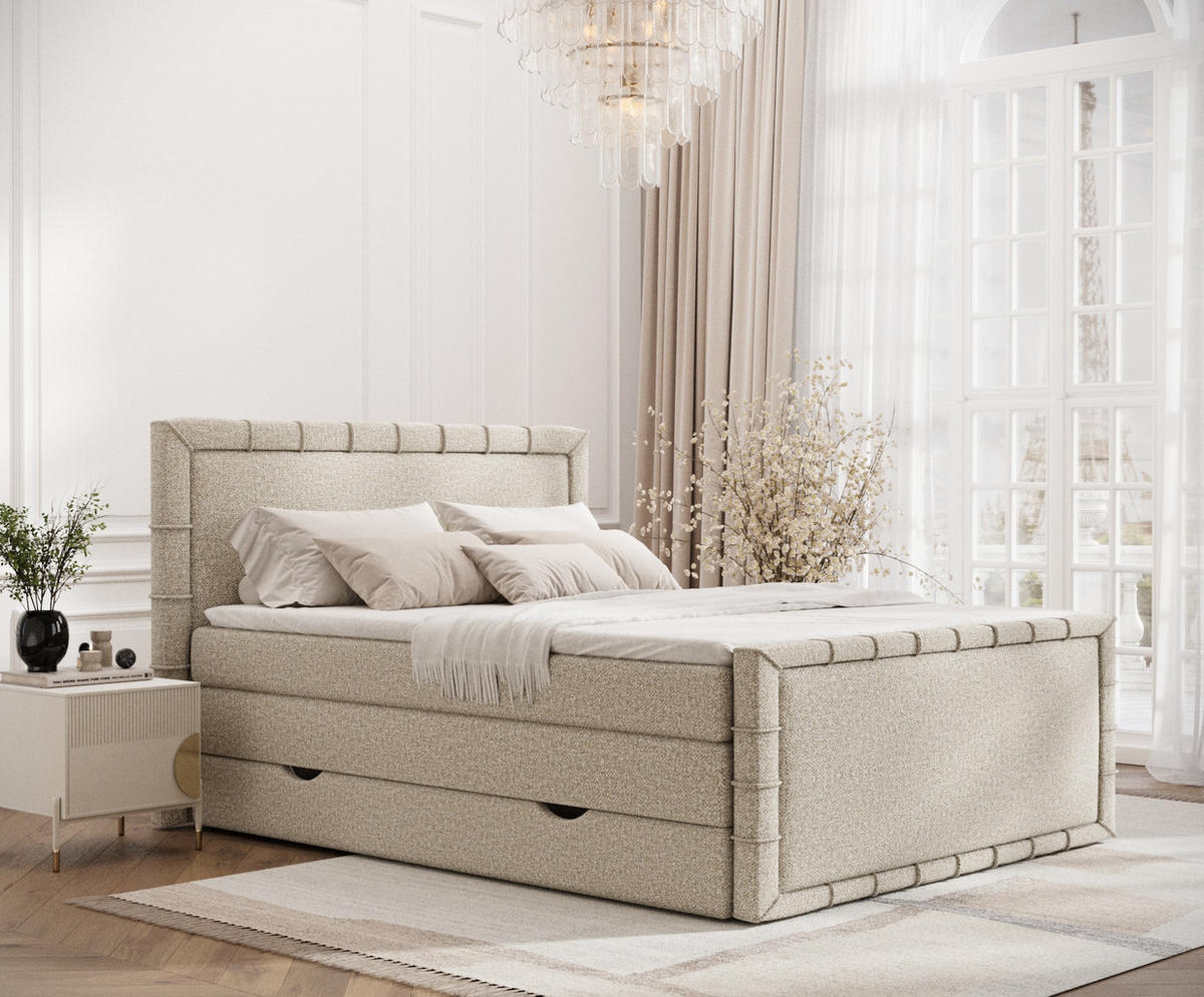 BOXBETT Estelle Beige 180/200 cm im Boucle-Stoff - Beige/Schwarz, Holz/Holzwerkstoff (180/200cm) - Maison de Reve