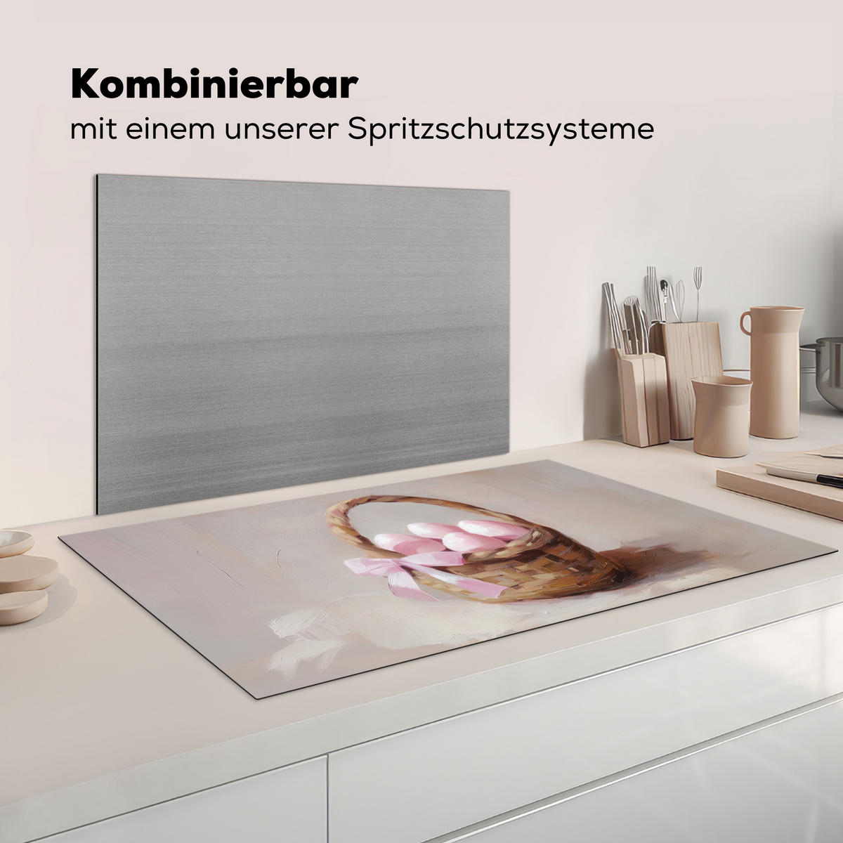 HERDABDECKPLATTE Korb - Eier - Rosa Induktionsschutz 91.2x52 cm - Beige, Kunststoff (91.2/52/0.2cm) - MuchoWow