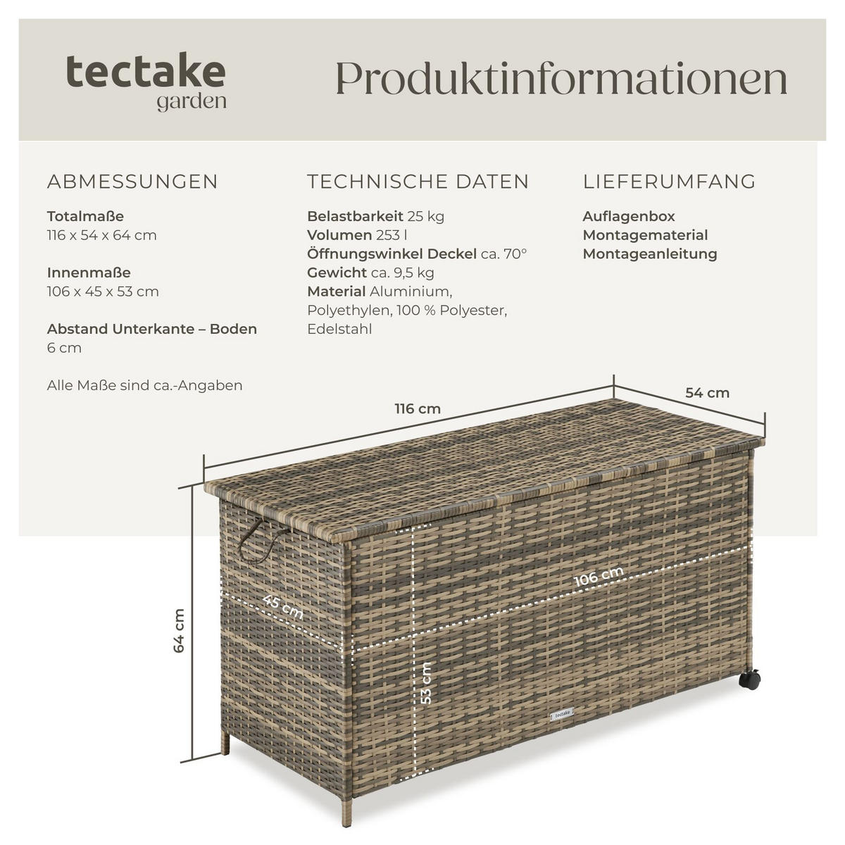 AUFLAGENBOX Kuusamo, 116 x 54 x 64 cm, natur - Naturfarben, Kunststoff (54/64/116cm) - tectake