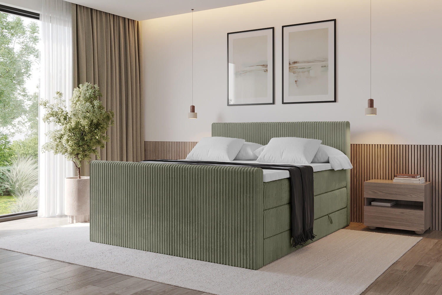 BOXSPRINGBETT mit Matratze H3|H4 und Lattenrost - TOLO-Z KING 200x200 Cord - Olive - Olivgrün, Holzwerkstoff (200/200cm) - ALTDECOR