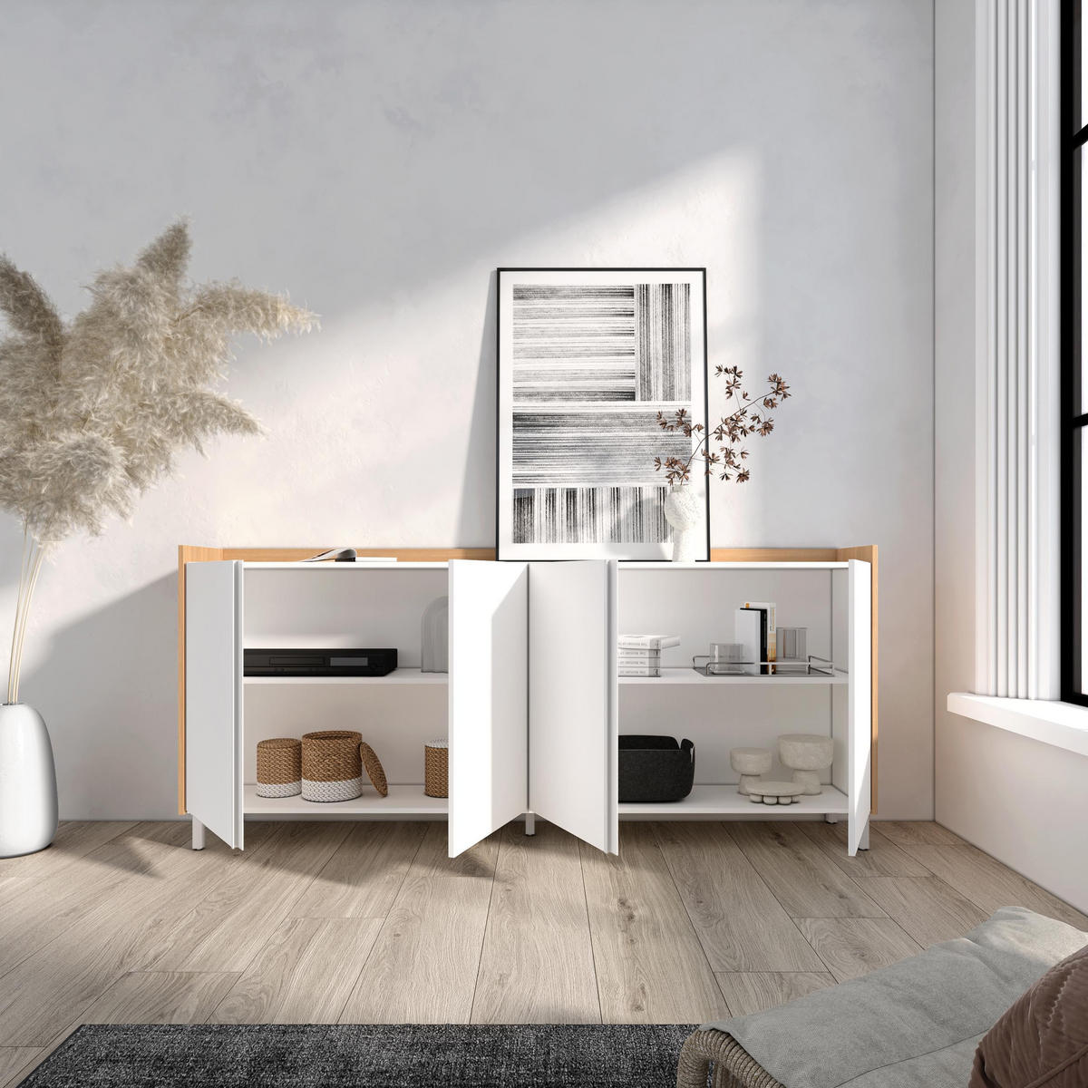 SIDEBOARD, Weiß und Eiche, 207/35/91cm, mit Beinen - Weiß, Holzwerkstoff (207/91/35cm) - Skraut Home