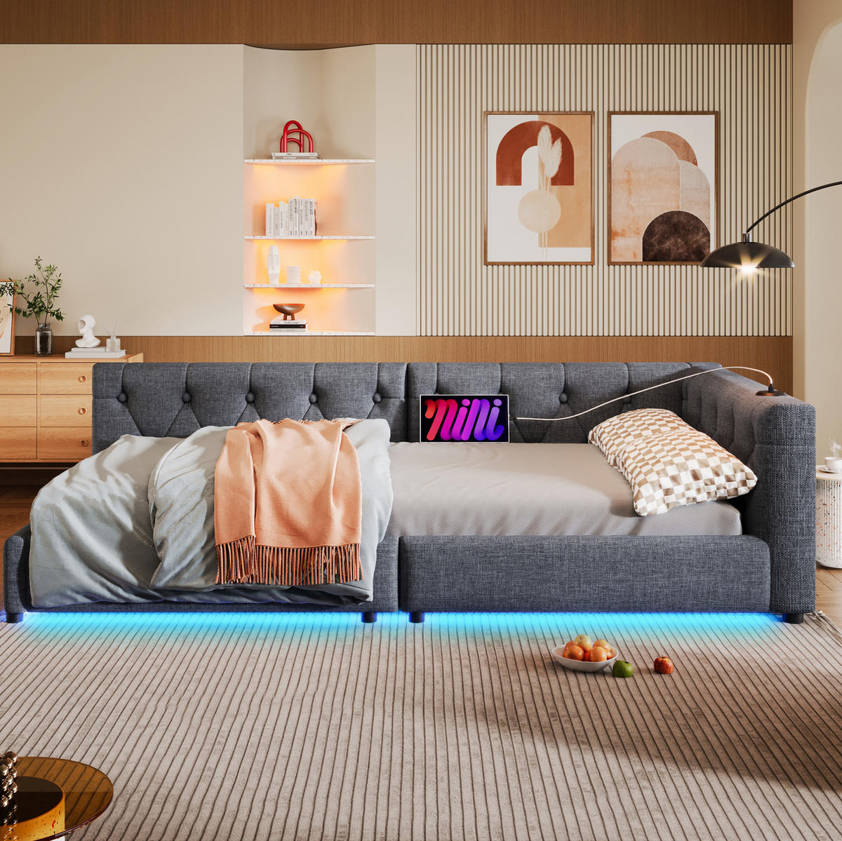 POLSTERBETT 90/200 cm mit Leinenbezug, LED-Beleuchtung, USB- und Type-C-Anschluss, Lattenrost und Knopfheftung, Grau - Grau, Textil (90/200cm) - Redom