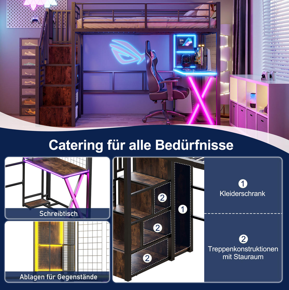 HOCHBETT 90/200 cm mit Schreibtisch, Ablageleiter, Kleiderschrank ohne Matratze - Schwarz, Metall (90/200cm) - MIVRAY