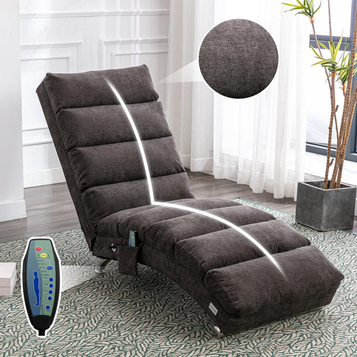 MASAŽNA FOTELJA u tamnosivoj boji s funkcijom vibracije, od lana - srebrne boje/tamno siva, drvni materijal/tekstil (55/84/148cm) - CHICFURN