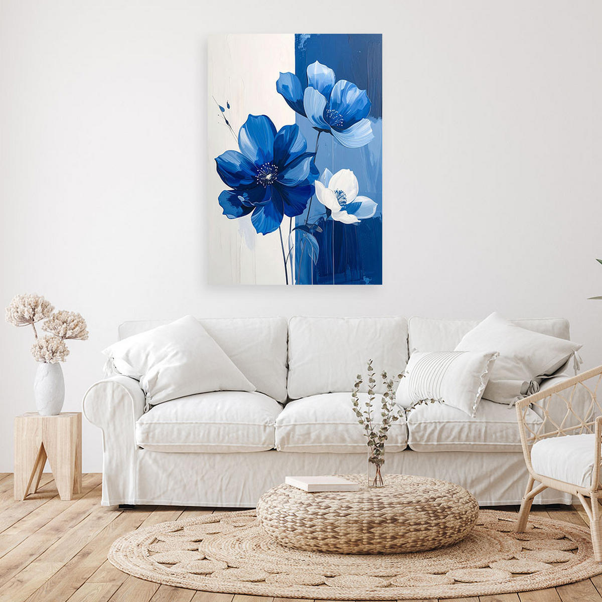 BILD auf Leinwand, Blaue und weiße Blumen in einer dekorativen Komposition - Blau, Textil (80/120cm) - Feeby