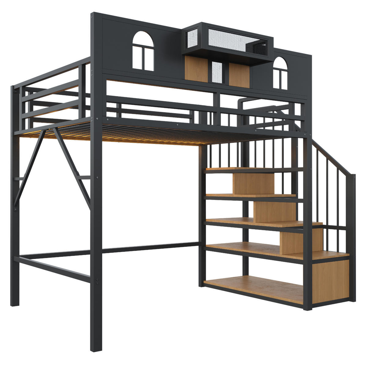 HOCHBETT 90/200 cm aus Metall mit Stauraumleiter und Lichtleiste, Schwarz - Schwarz, Metall (90/200cm) - OKMYHOME