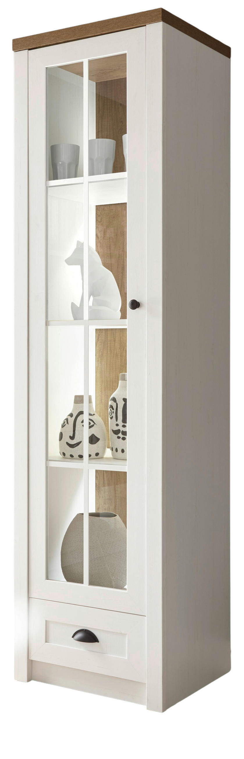 VITRINE weiß Pinie, Eiche hell Landhaus, Vitrinenschrank 50 x 198 cm - Eichefarben/Anthrazit, Holzwerkstoff/Metall (50/198/43cm) - Furn.Design