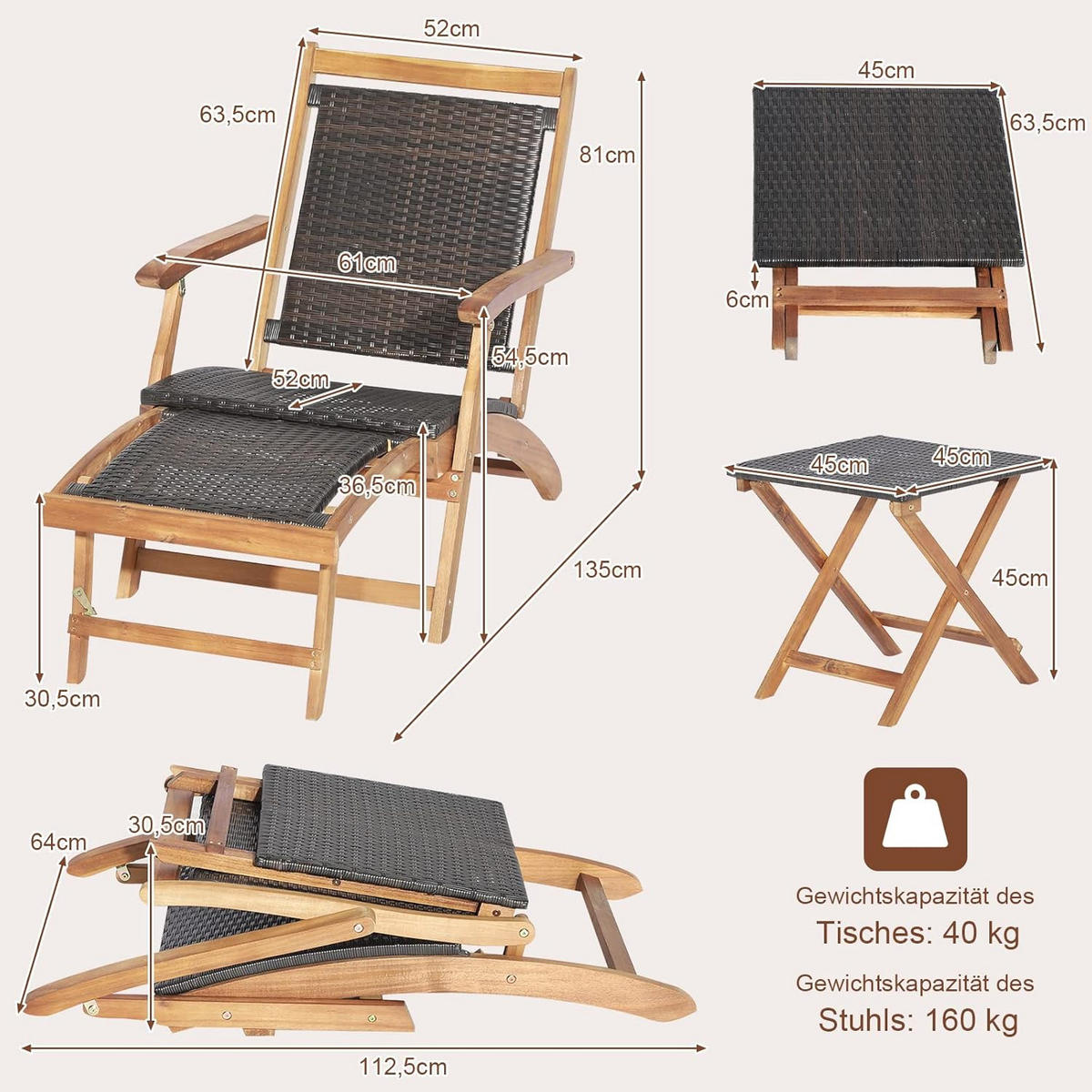 LEHÁTKO s opierkou na nohy + odkladací stolík, hnedé - hnedá, prírodné materiály (135/81/61cm) - COSTWAY