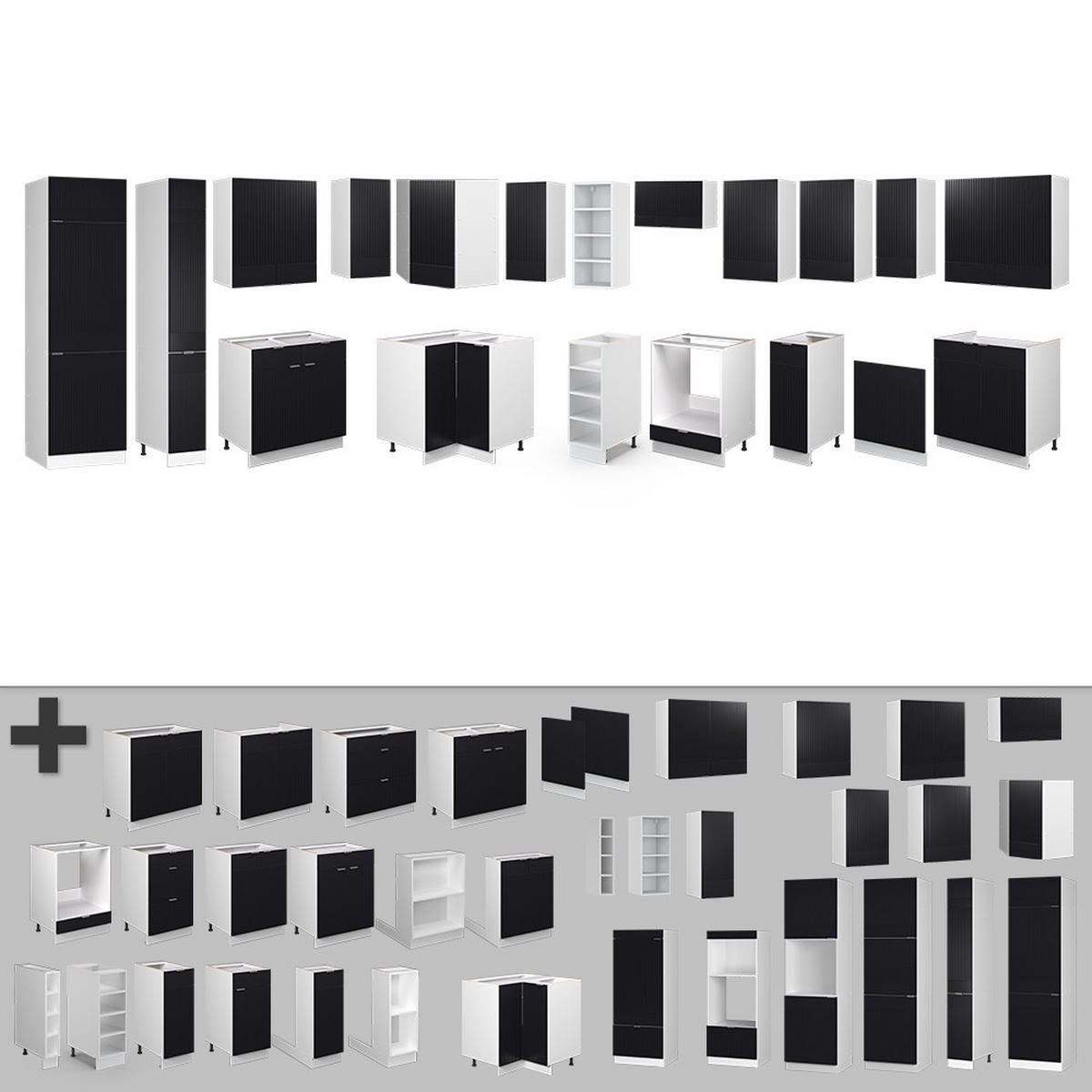 ROHOVÁ KUCHYNĚ Fame-Line, černé pruhy/bílá, 347 x 257 cm, dub AP - černá, kompozitní dřevo (347/81.6/60cm) - Vicco