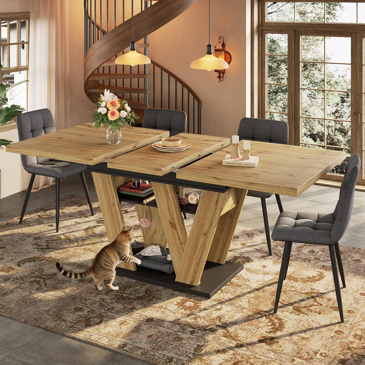 ESSTISCH 119-158,5/80/75 cm in Schwarz/Natur mit Ausziehfunktion und Ablagefach - Naturfarben, Holzwerkstoff (158.5/80/75cm) - Flora Grace