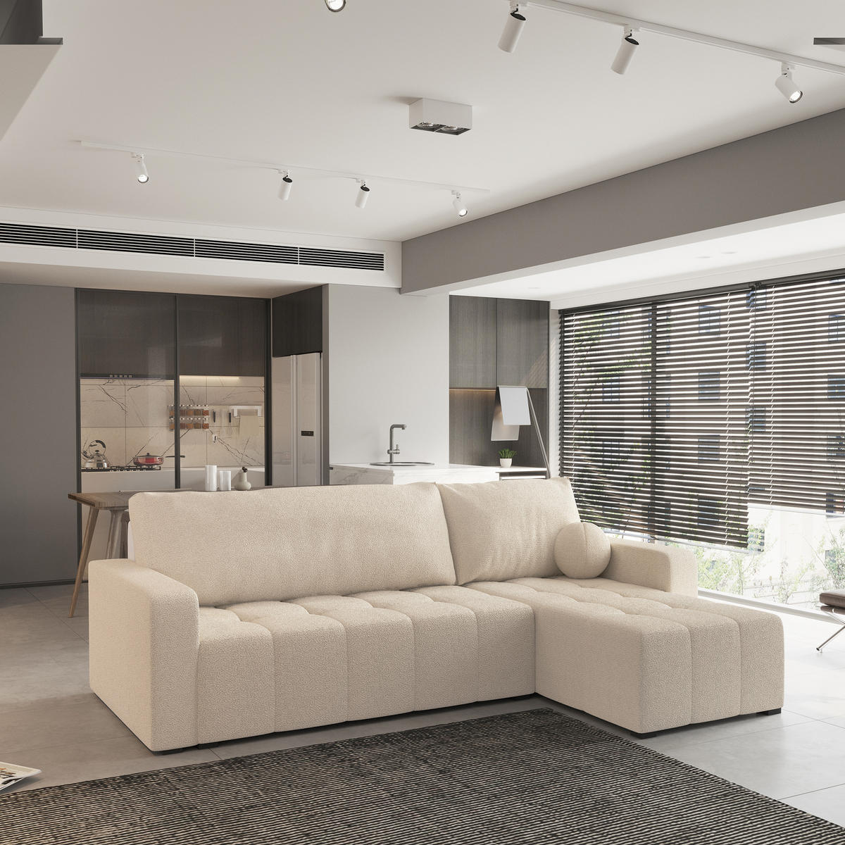 ECKSOFA VOLIRA Creme Boucle-Stoff mit Schlaffunktion - Creme, Holz (230/143cm) - MASSENO