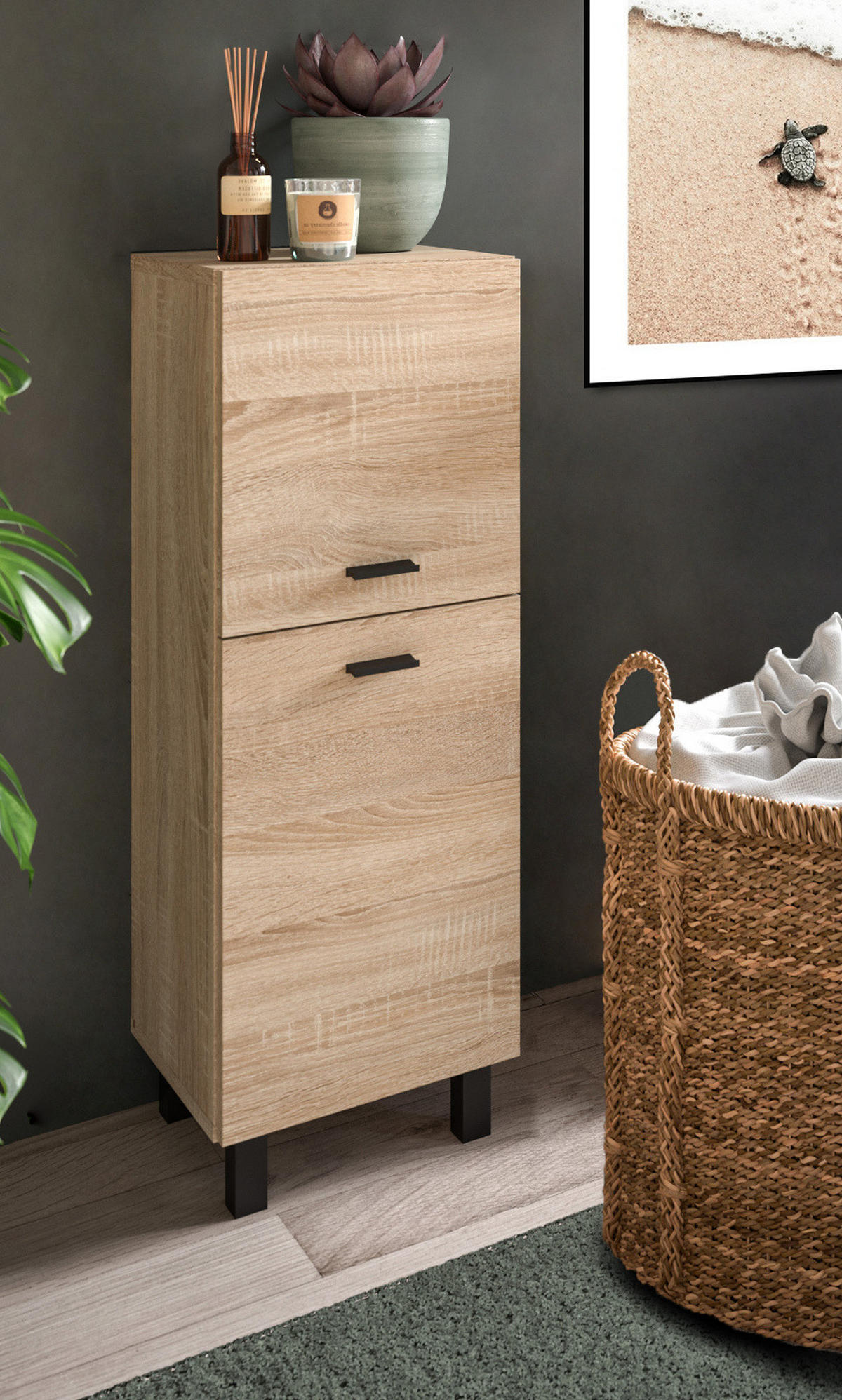 KOMMODE Eiche 30 cm, Badschrank hängend oder stehend - Eichefarben/Schwarz, Holzwerkstoff/Kunststoff (30/80/29cm) - Inn.Furn