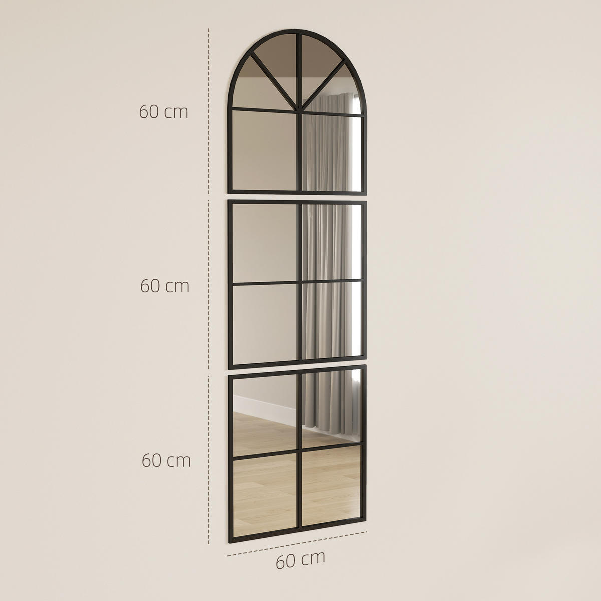 WANDSPIEGEL dreiteilig, bogenförmiger Spiegel mit Metallrahmen Hängespiegel - Schwarz, Glas (2/180/60cm) - HOMCOM