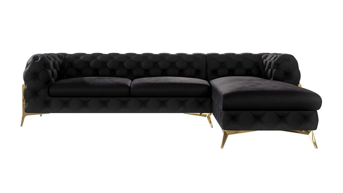 ECKSOFA Chesterfield Lexi Schwarz Samt, Ottomane rechts - Goldfarben/Schwarz, Holz/Textil (305/200cm) - S-Style Möbel