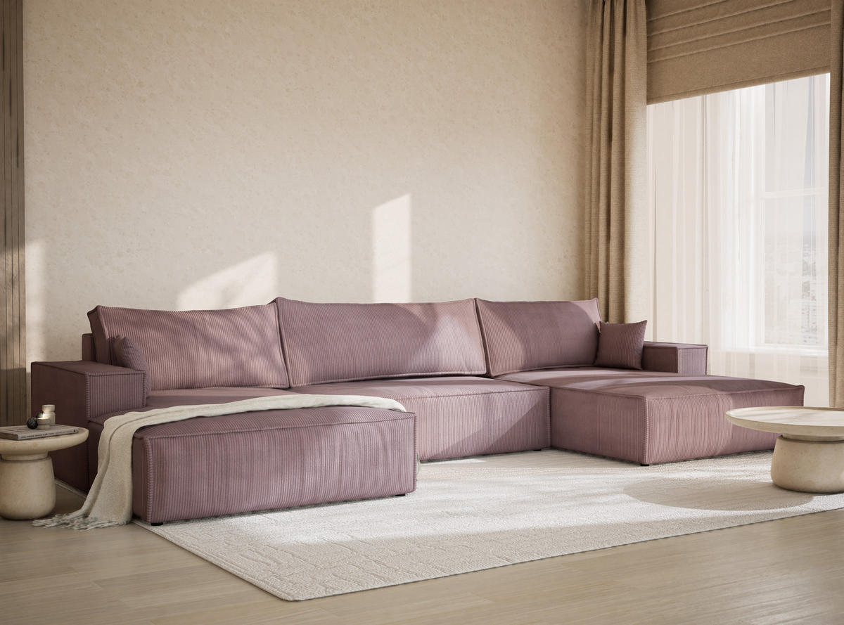 WOHNLANDSCHAFT Kyoto Lila Samtstoff - Flieder/Schwarz, Holz/Holzwerkstoff (398/70/148cm) - Maison de Reve