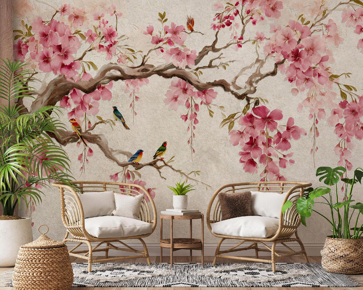 FOTOTAPETE Kirschblüte Beton Beige 250x175 cm - Multicolor, Papier (250/175cm) - Wallarena