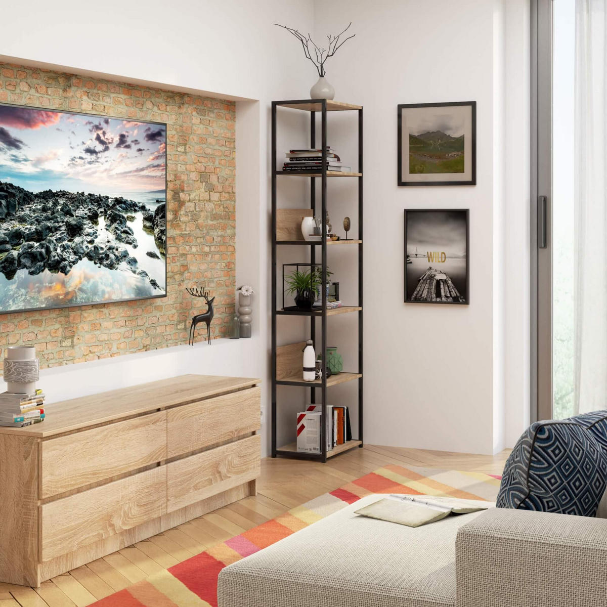 INDUSTRIEREGAL Schwarz, Sonoma Eiche 50x192x32 cm - Schwarz/Sonoma Eiche, Holzwerkstoff/Metall (50/192/32cm) - Akord