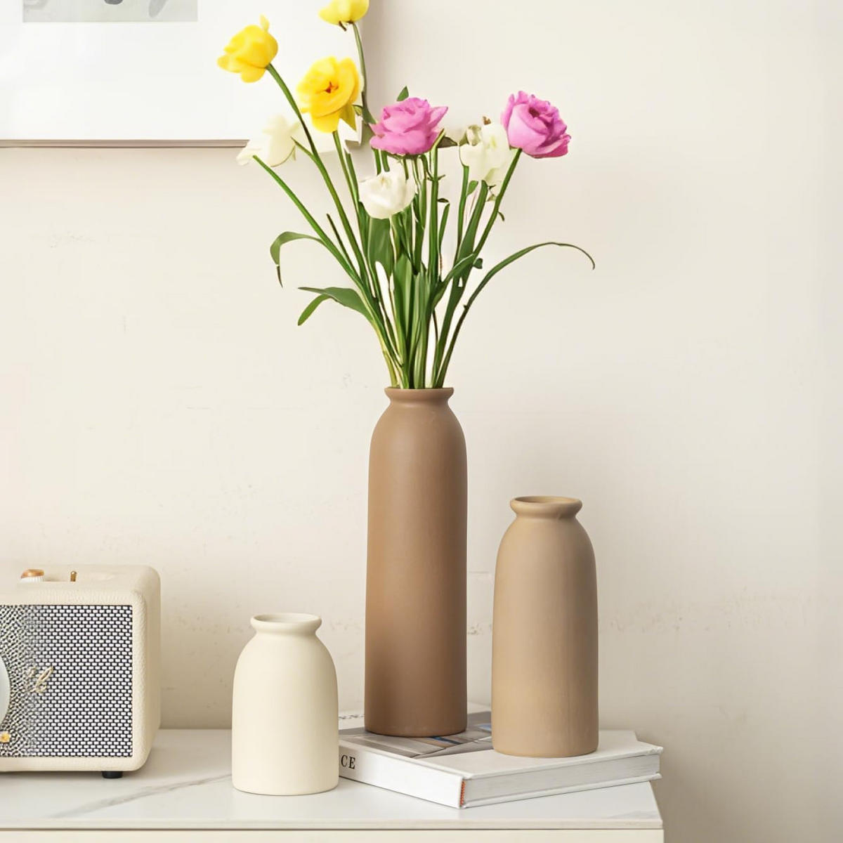 VASE Keramikvasen, Landhausstil, dreiteiliges Set - Weiß, Keramik (26.6cm) - LIBRATON