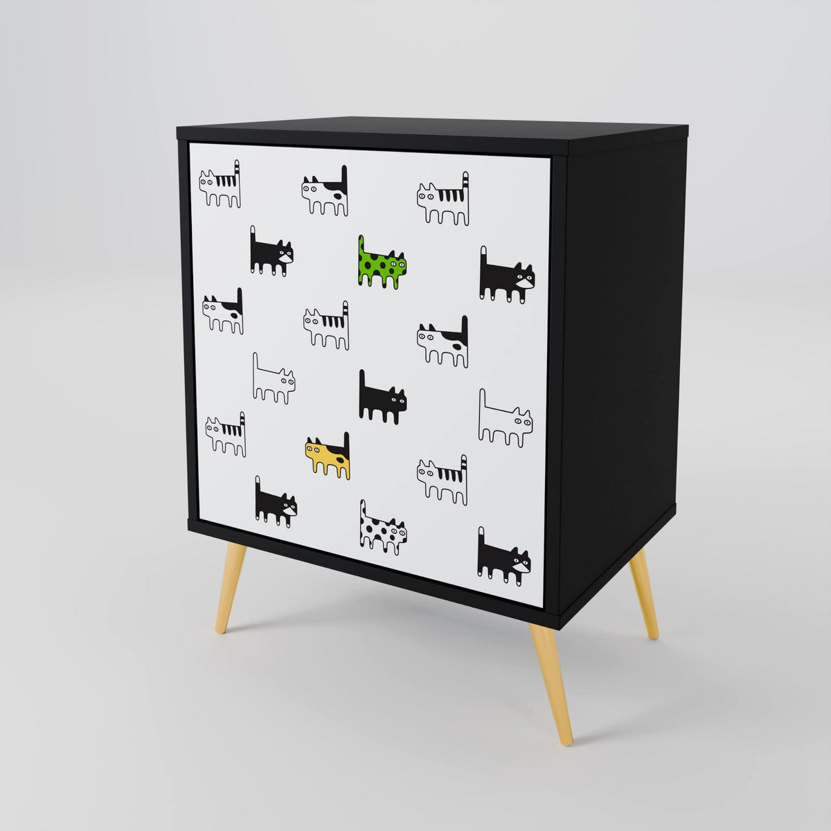 SIDEBOARD CATS COMPILATION, Schwarz, 57,5x42x72,5 cm, Schwarze Metallfüße - Multicolor/Schwarz, Holzwerkstoff/Metall (57.5/72.5/42cm) - SpaceRebels