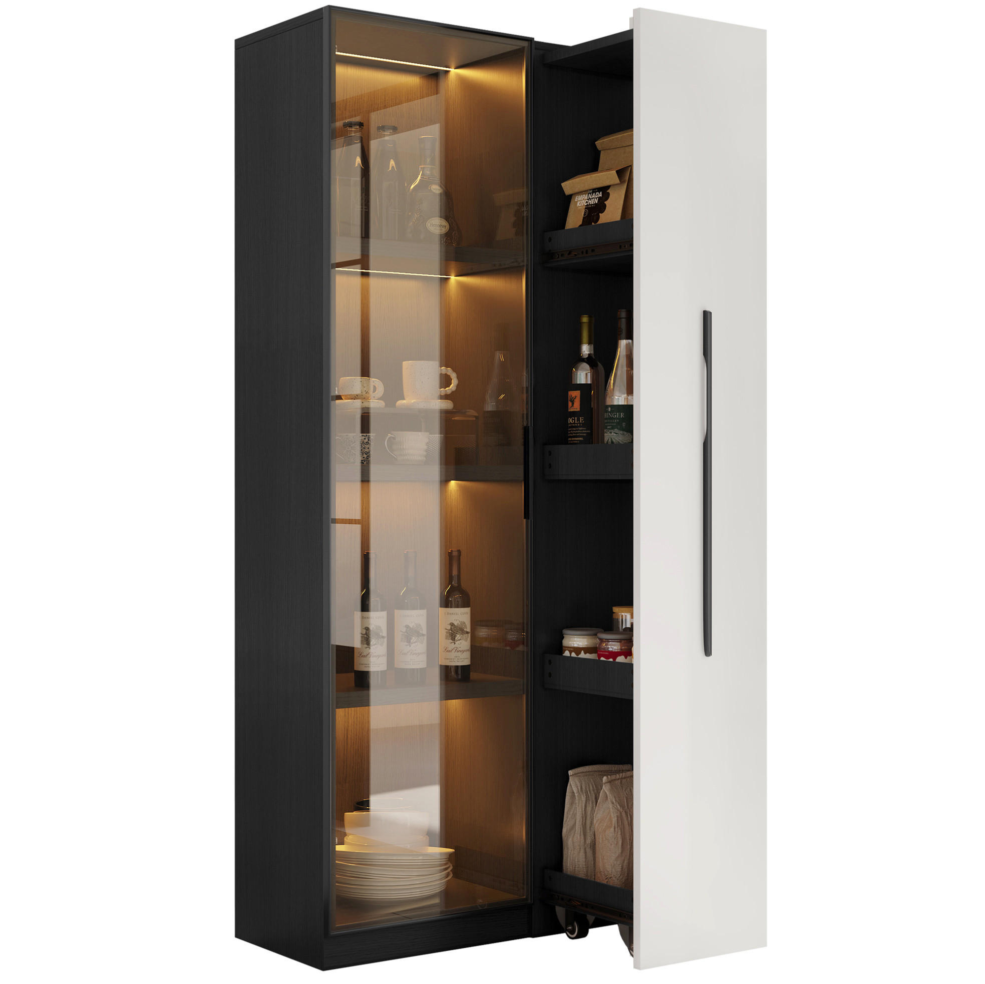 VITRÍNA, 70/40/160 cm, MDF černo-bílá, s LED osvětlením a bočním výsuvem - černá, kompozitní dřevo (70/160/40cm) - BEAOK
