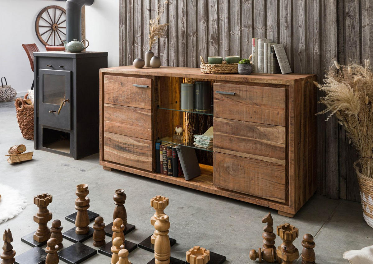 SIDEBOARD Akazie 145x40x78 natur lackiert BARK #100 - Braun, Holz (145/78/40cm) - Massivmoebel24