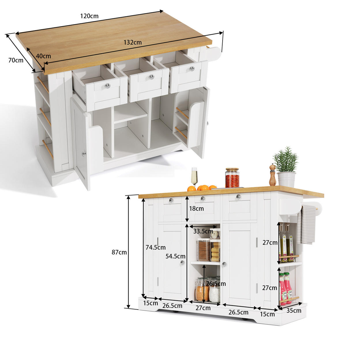 KÜCHENINSELWAGEN mit ausziehbarer Arbeitsplatte 132 cm White/Natural - Weiß, Holz (70/87/132cm) - Beauniv