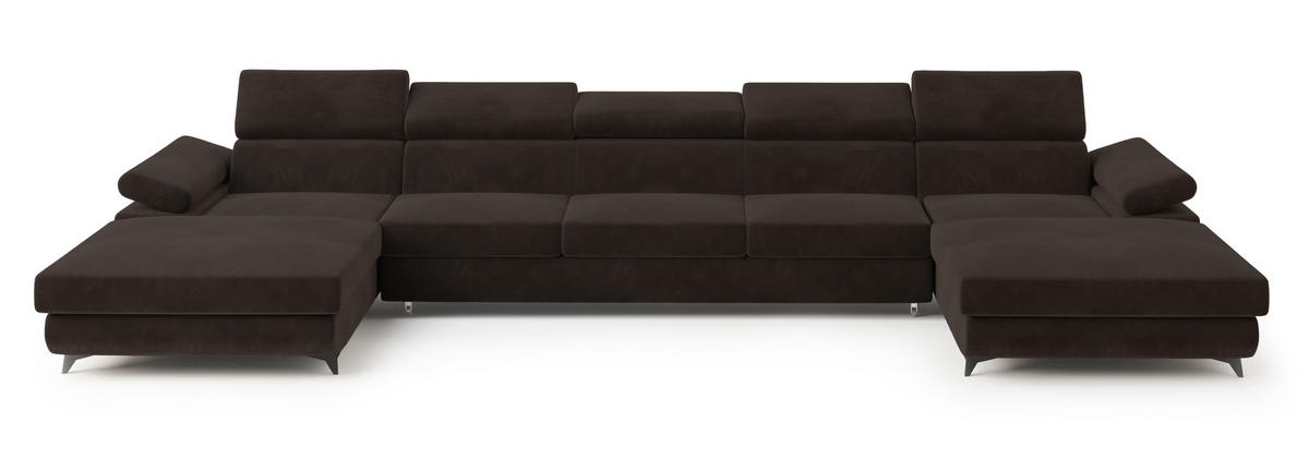 WOHNLANDSCHAFT VIVENTE Braun Velours-Stoff mit Schlaffunktion - Braun, Holz (410/89/190cm) - MASSENO