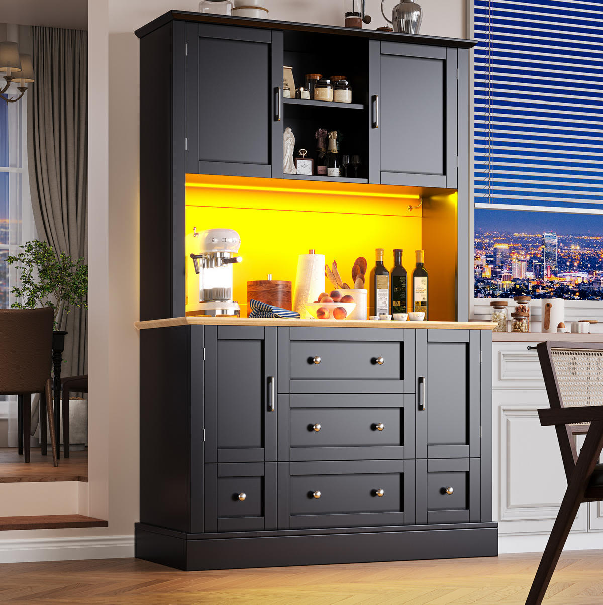 ANRICHTE 115/40/180 cm in Schwarz/Natur mit LED-Beleuchtung und 3 Schubladen - Schwarz, Holzwerkstoff (115/180/40cm) - Flora Grace