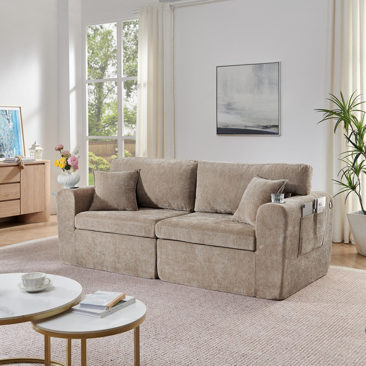 2-SITZER SOFA Chenille Braun mit USB, Getränkehalter, Tasche und Kissen - Braun, Textil (220/89/100cm) - WISHDOR