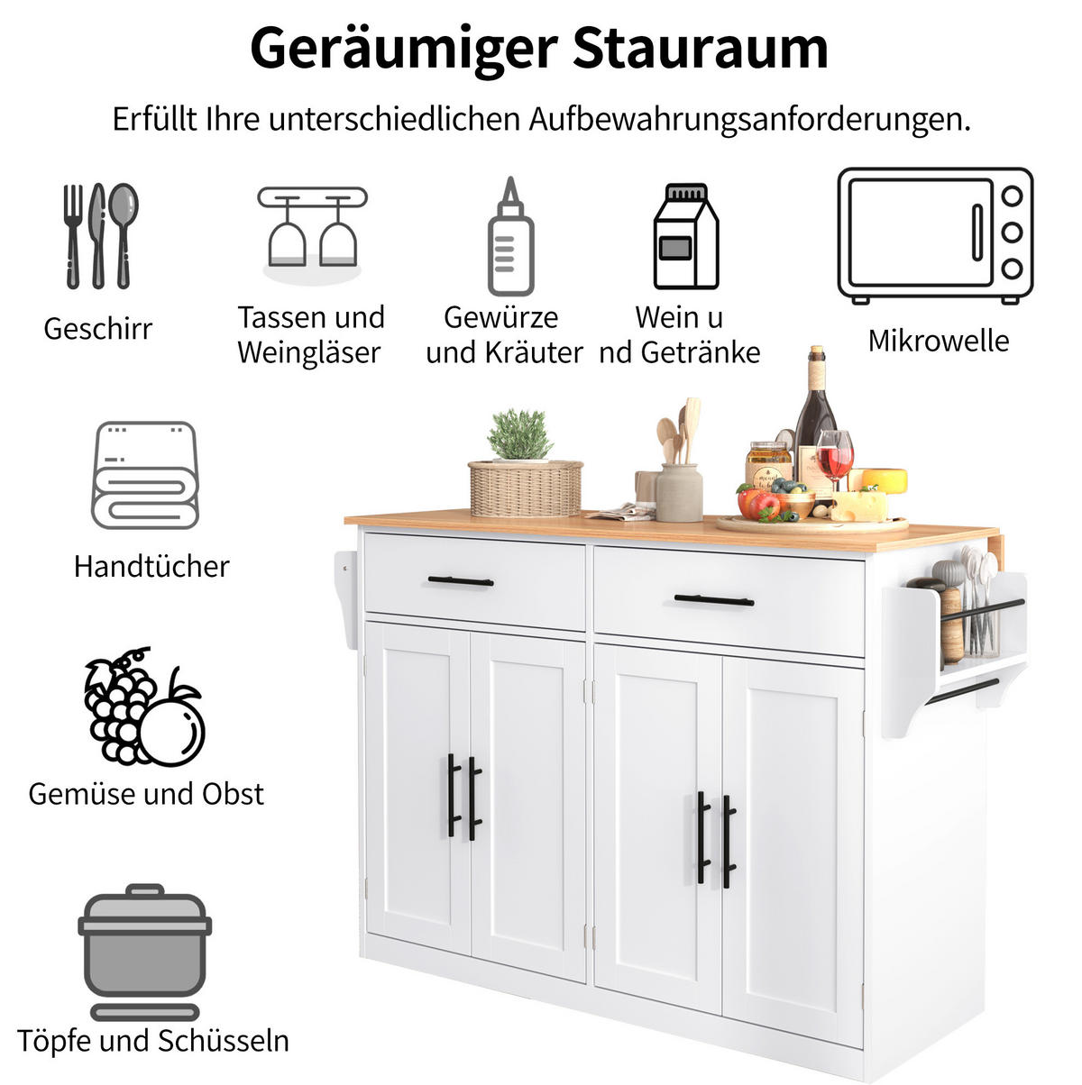 KÜCHENINSEL 120/91,5/46 cm Weiß/Natur aus MDF mit klappbarer Tischplatte - Weiß, Holzwerkstoff (71/91.5/120cm) - OKMYHOME
