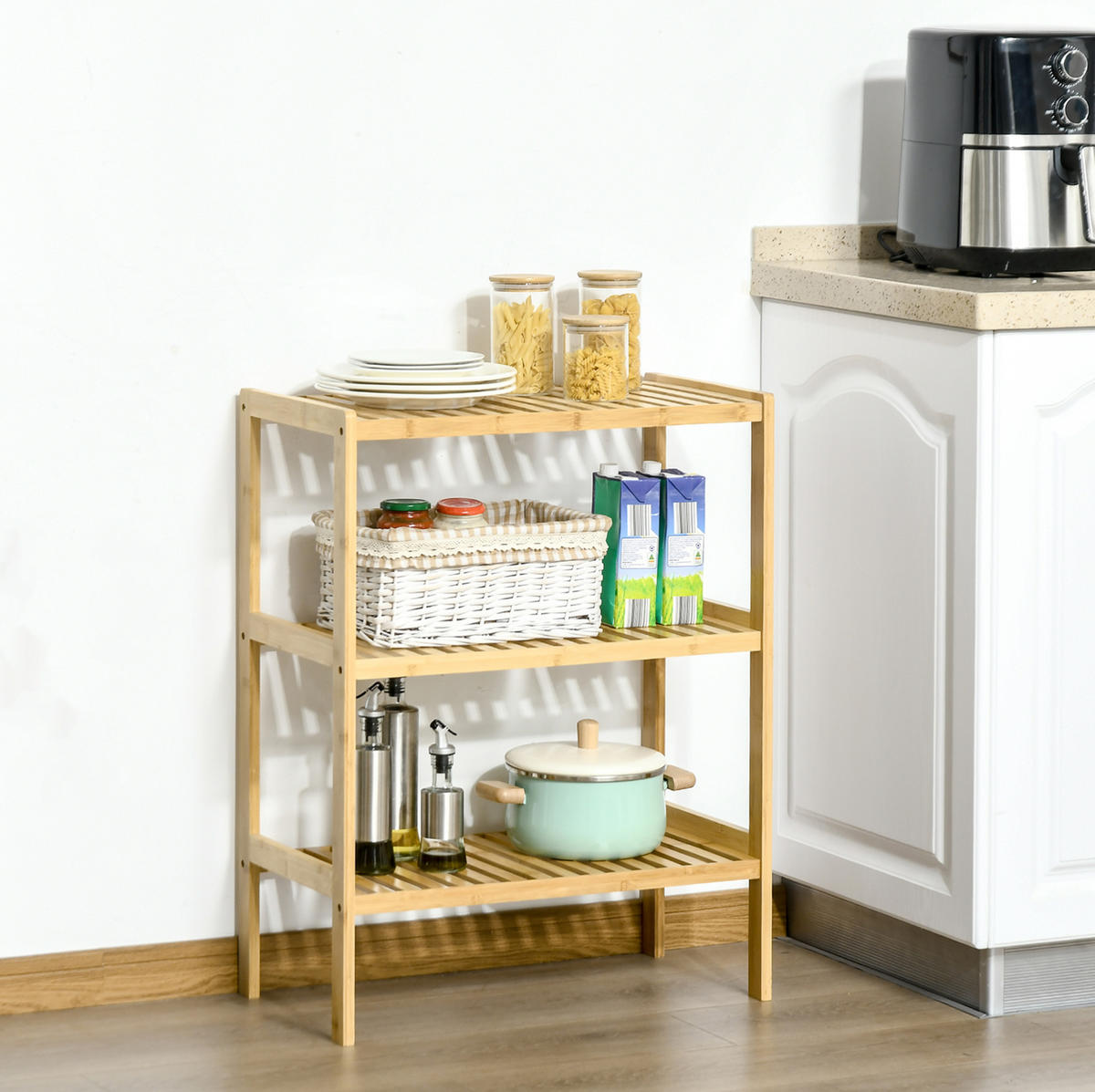BADEZIMMERREGAL 62x33x80 cm Natur aus Bambus mit 3 Lattenregalen & hohem Sockel - Naturfarben, Naturmaterialien (62/80/33cm) - Modfu