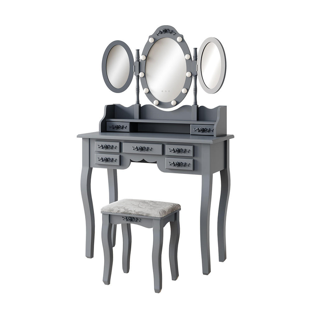 SCHMINKTISCH Diana Grau 90 cm mit Beleuchtung und Hocker - Grau, Holzwerkstoff (90/147/40cm) - Vicco