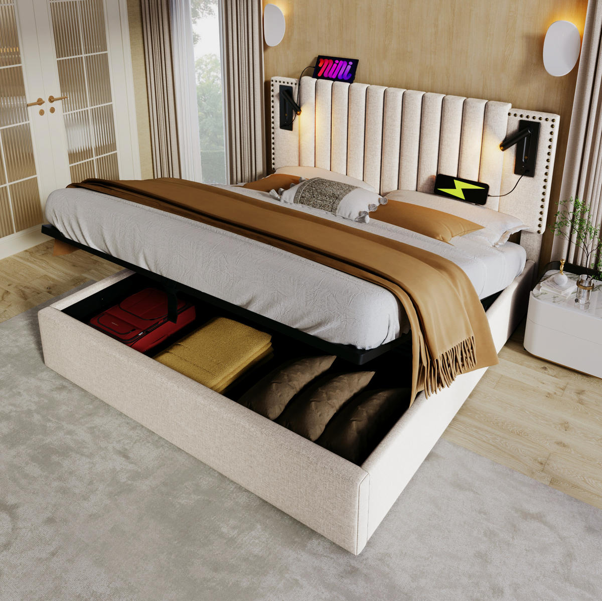 POLSTERBETT 140/200 cm mit Leselicht, USB-C-Anschlüssen und Bettkasten, höhenverstellbares Kopfteil, Beige - Beige, Textil (140/200cm) - Redom