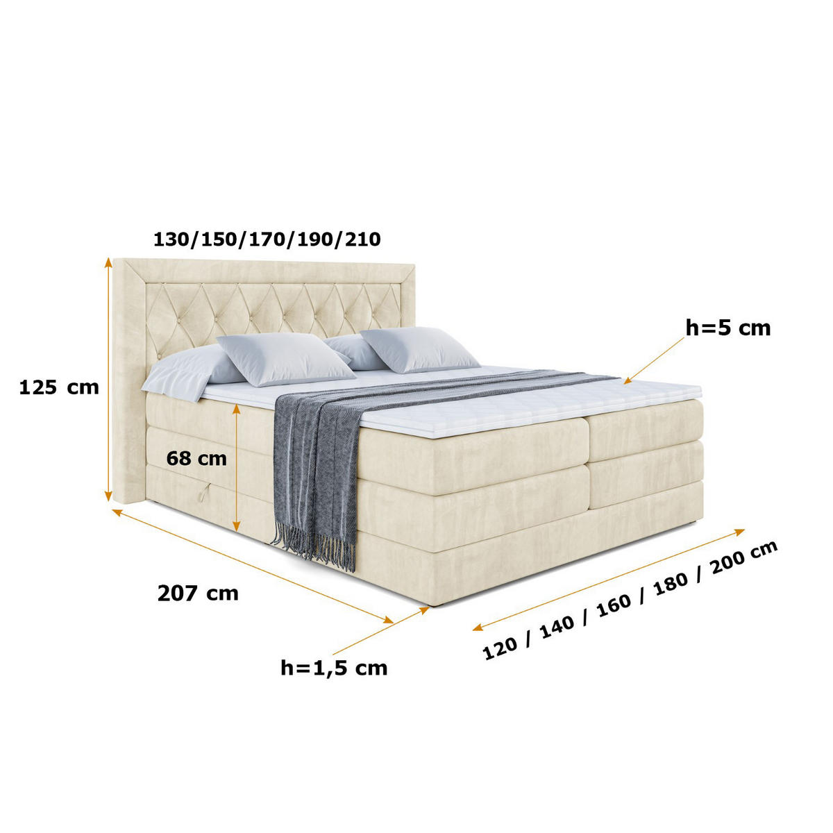 BOXSPRINGBETT NOEL KING - 200 x 200 - H3/H4 - Beige - Beige, Holzwerkstoff (200/200cm) - ALTDECOR