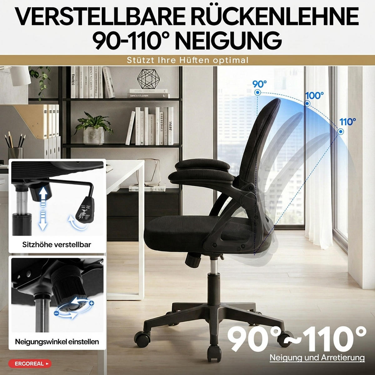 DREHSTUHL Tiefschwarz mit Verstellbare Rückenlehne (90–110°) und klappbare Armlehnen (90°) - Schwarz, Textil (56/102.5/60.5cm) - Oxeza