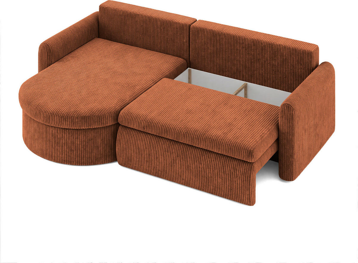ECKSOFA Cora mit Schlaffunktion & Stauraum, Universell Rechts/Links, Orange Kupfer Cord Chenille 260/82/160 cm - Schwarz/Orange, Kunststoff/Textil (250/160cm) - WFL GROUP