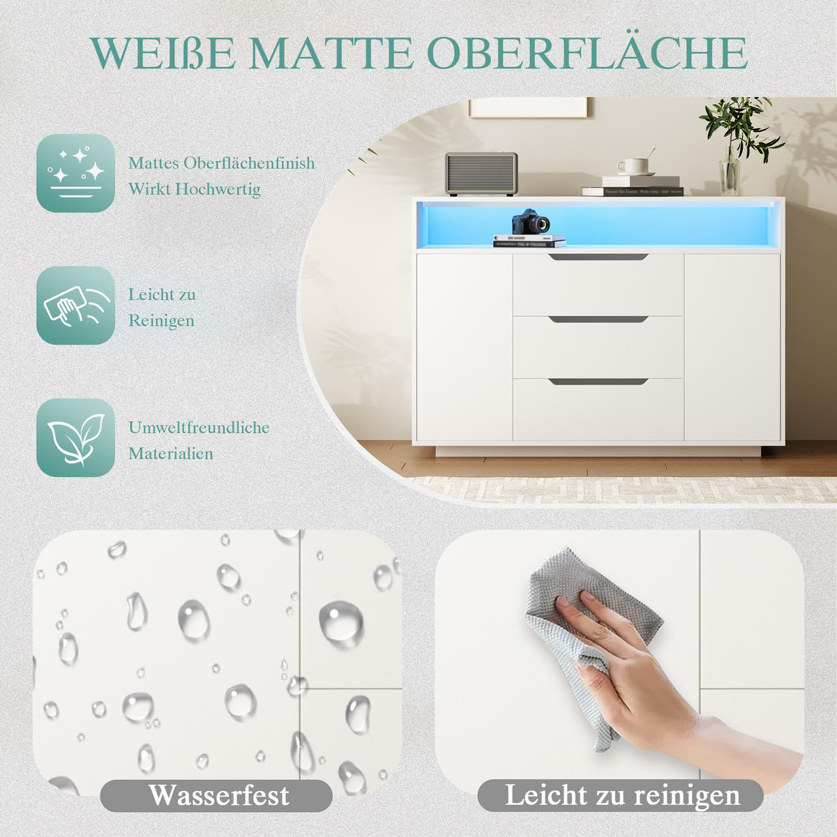 SIDEBOARD Offenes Regal Schubladen Türen Stauraum Metallführungen abgerundet - Weiß, Holzwerkstoff/Metall (120/85/40cm) - EVRYAE